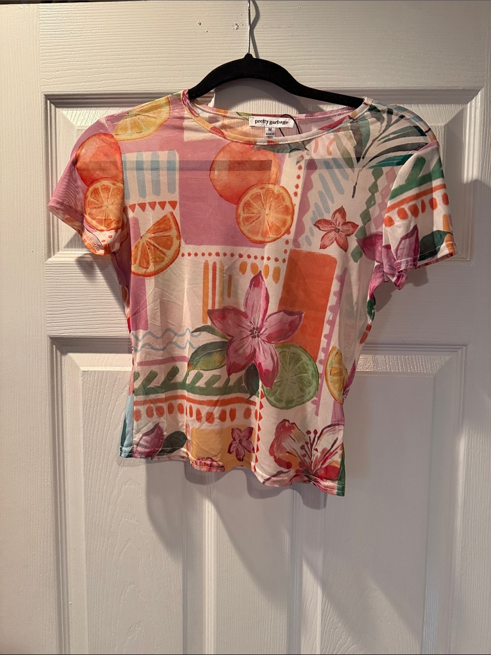 Pretty Garbage Pink Tropical Floral Mesh Crop Tee